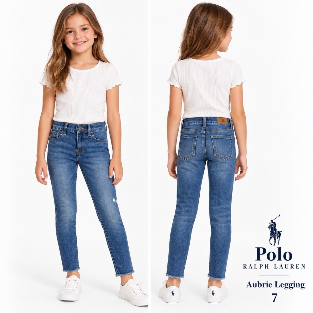 Polo Ralph Lauren Girls Aubrie Legging Jeans Raw Hem Blue Size 7 Skinny Preppy